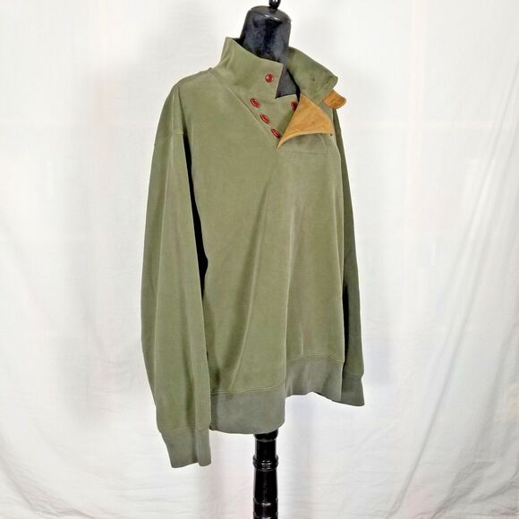 Orvis Men's Mock Neck Pullover Large Quarter Button Leather Accent Outdoor Green - Picture 2 of 11